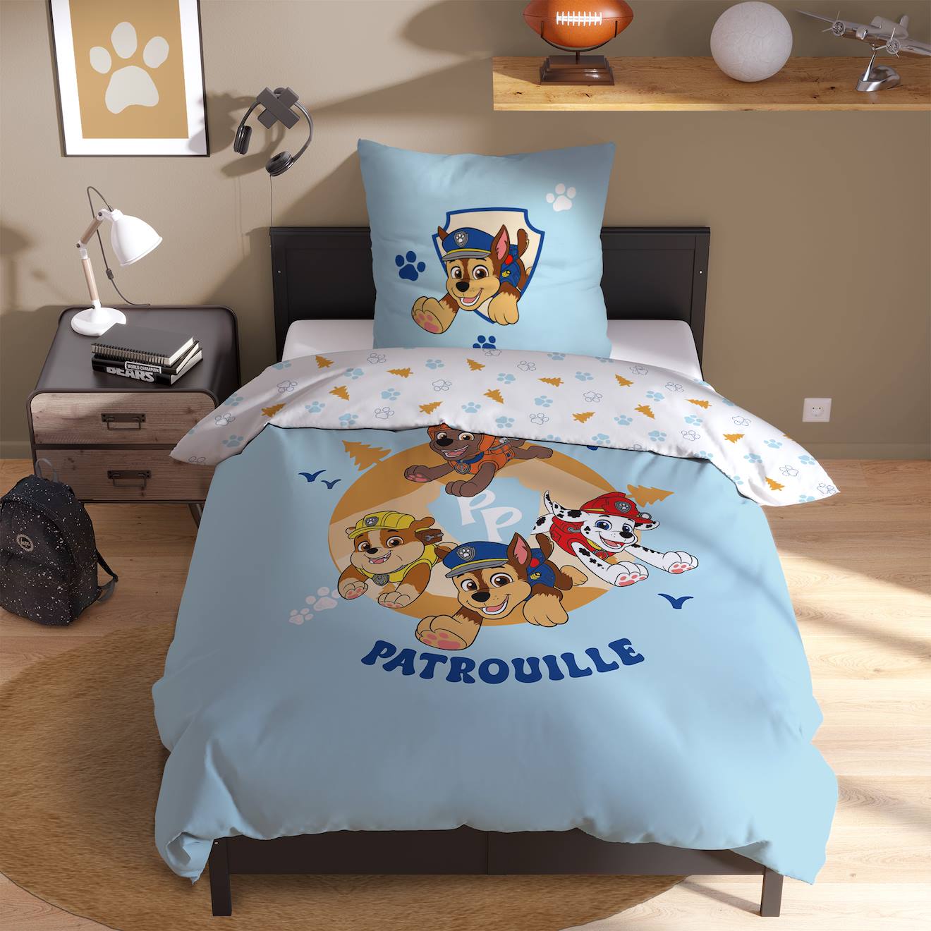 Parure De Lit Enfant 140x200, 100% Coton, Pat Patrouille Bleu