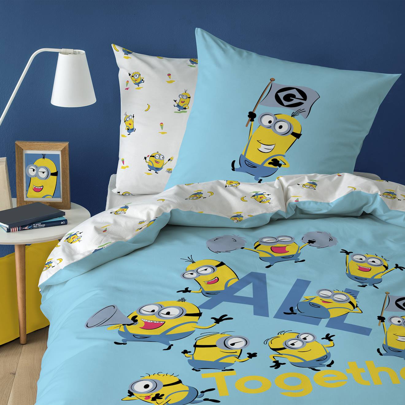 Parure De Lit Enfant 140x200, 100% Coton, Les Minions Bleu