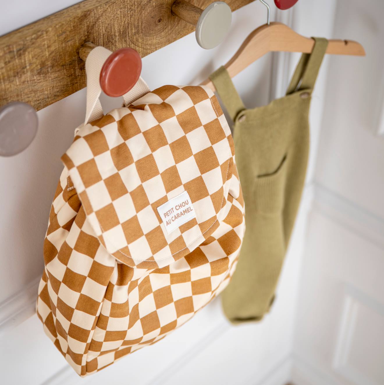 Sac À Dos Maternelle En Coton Imprimé Damier Caramel