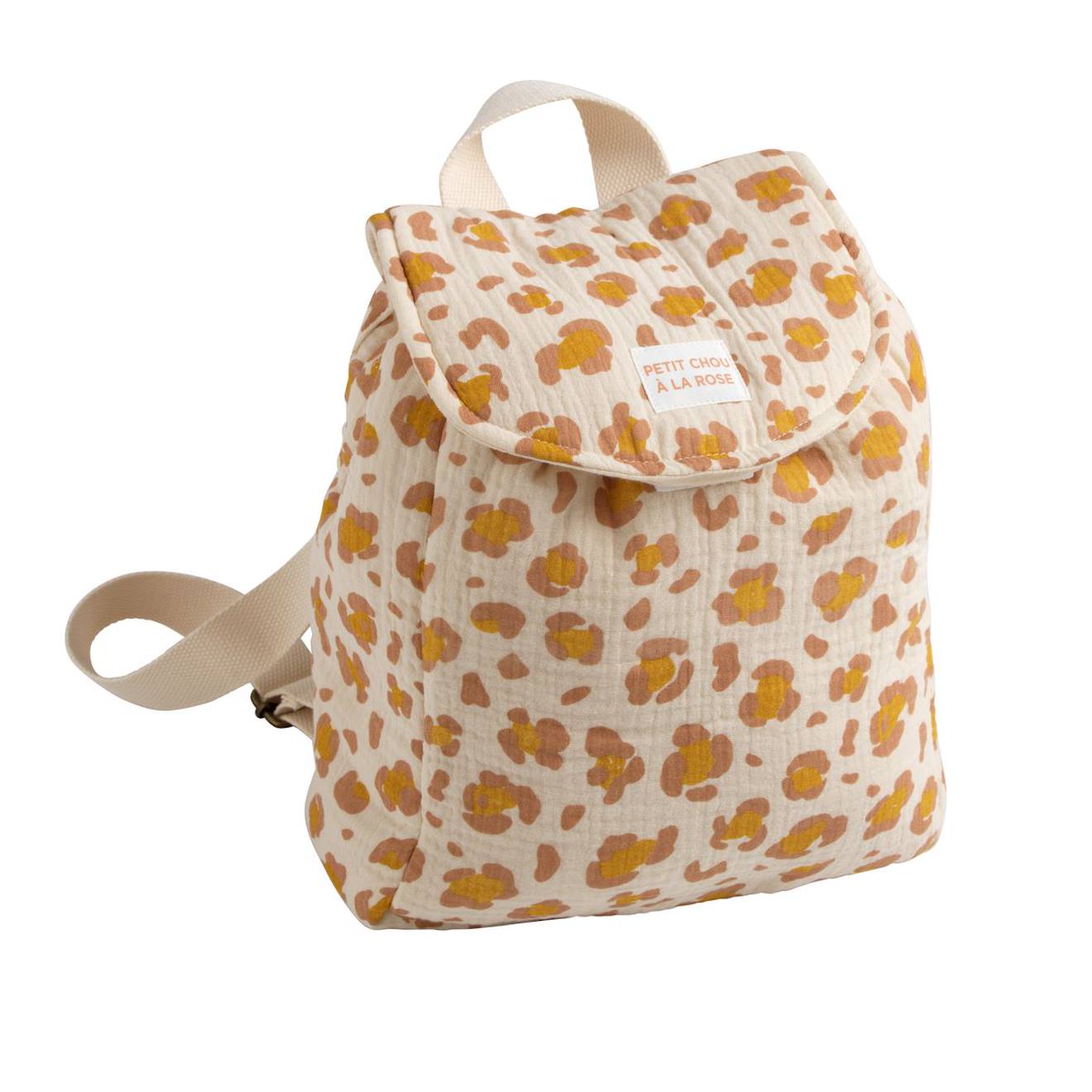 Sac À Dos Maternelle En Gaze De Coton Léopard Ecru/rose