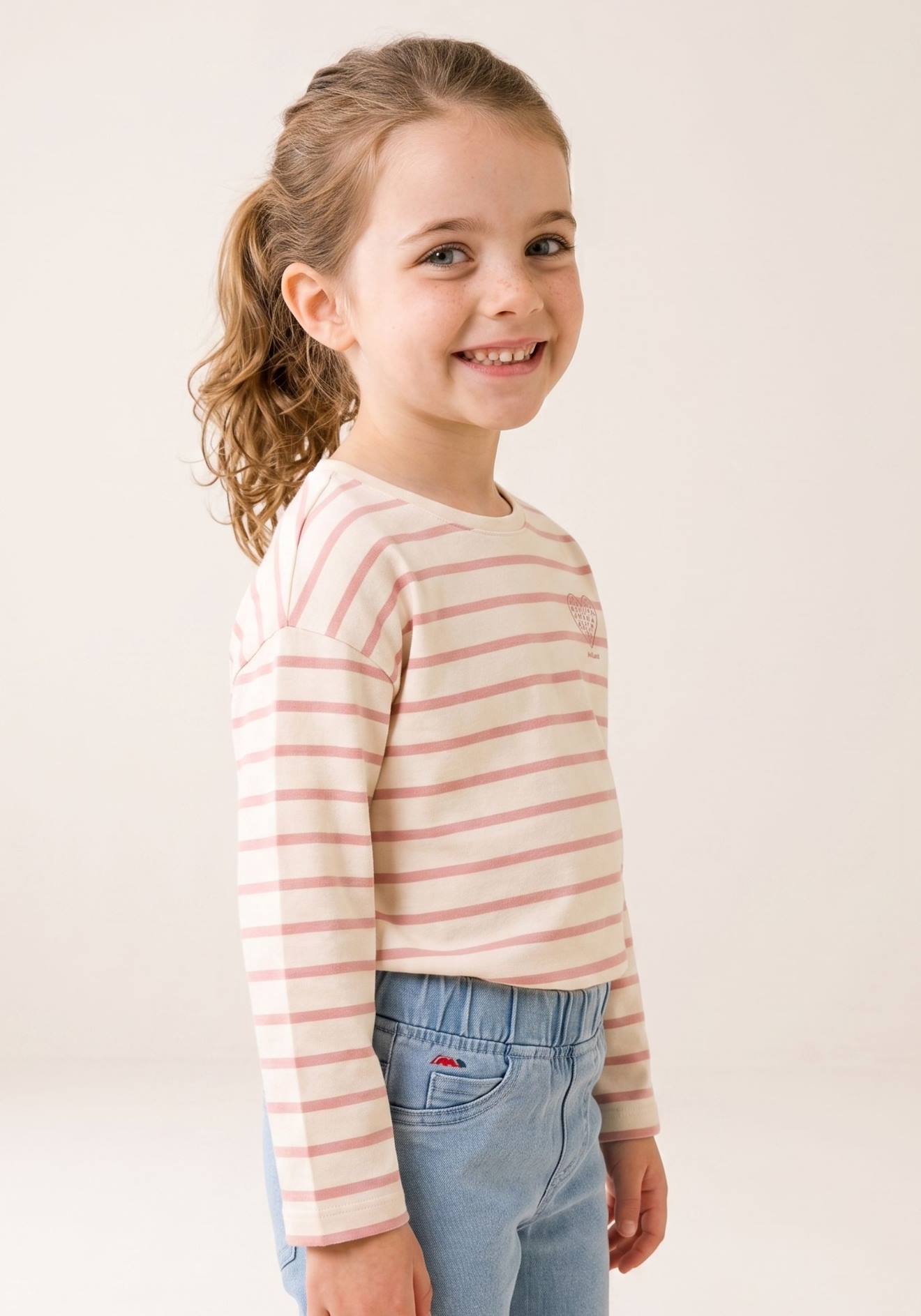 Mariniere Manches Longues 100% Coton Fille Fond Grege Raye Rose