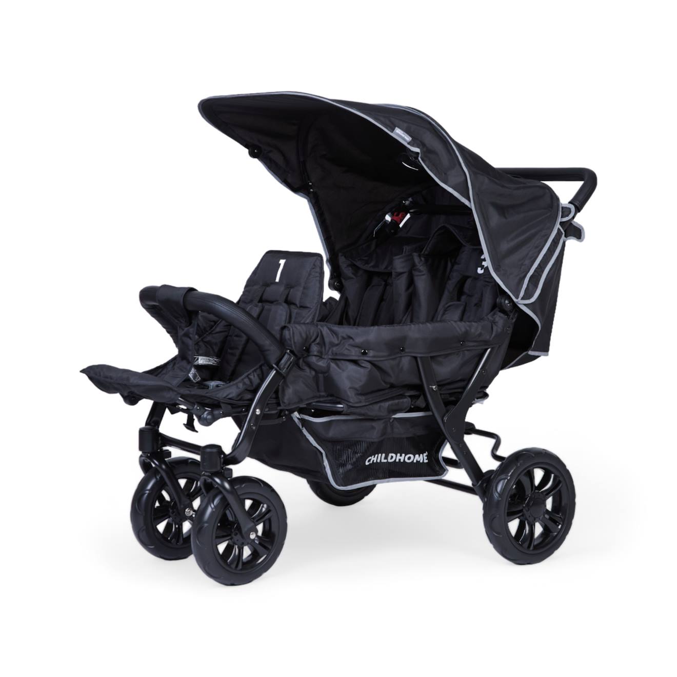 Triplette Poussette Capacité 3 Enfants + Housse De Pluie + Pare-soleil Noir