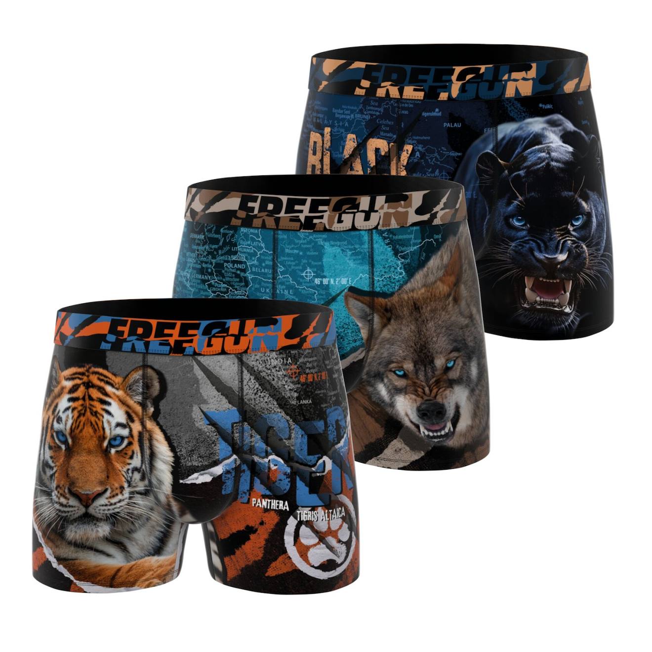 Lot De 3 Boxers Enfant Wild Animals - Animaux Sauvages Marron/jaune/noir/vert/noir/bl