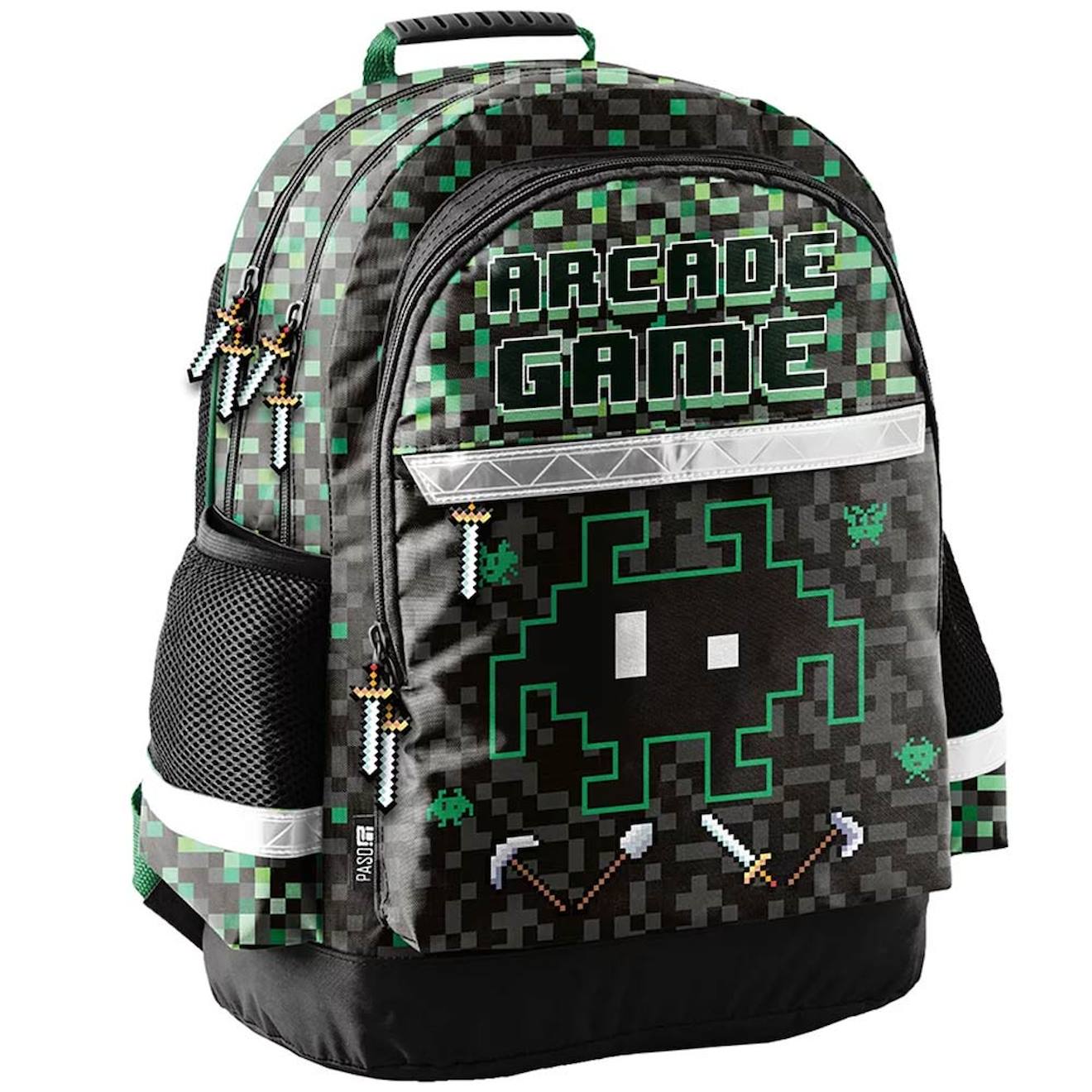 Sac À Dos Enfant Garçon Arcade Game Motif Pixel Alien 2 Compartiments 41 Cm Noir / Vert / Gris