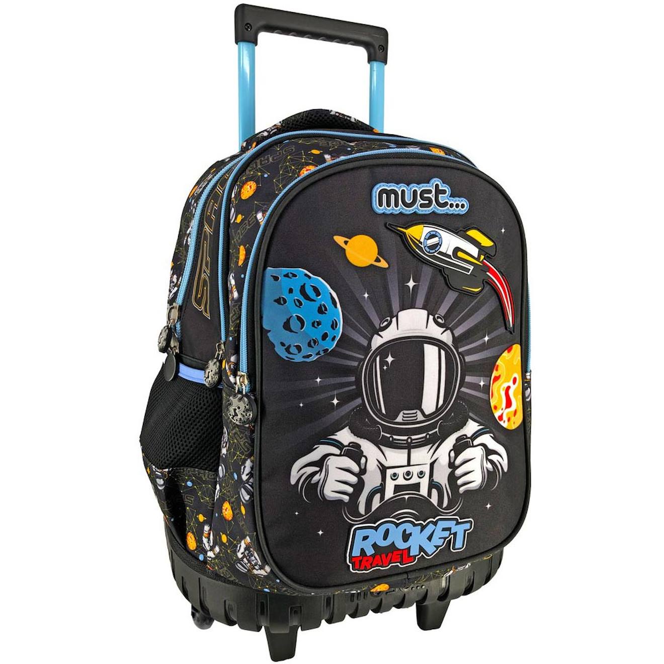 Sac À Dos Trolley Garçon 3 Compartiments Astronaute Rocket Travel 45 Cm Noir / Bleu / Blanc