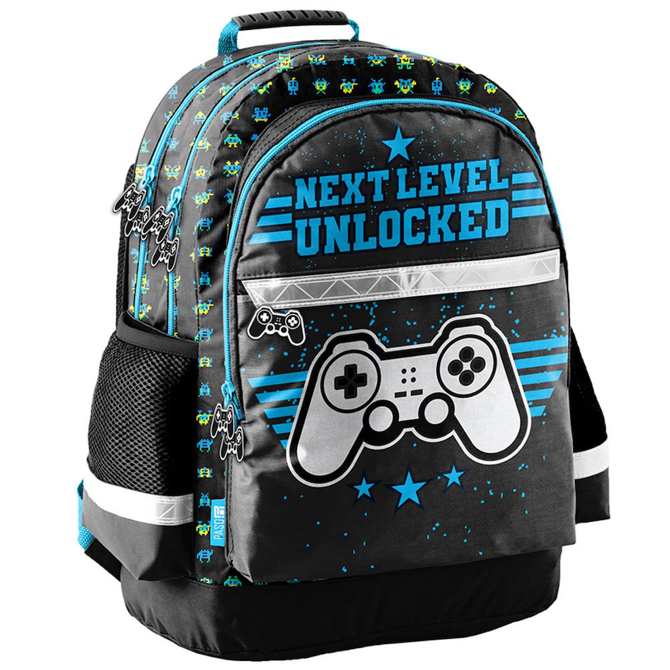 Sac À Dos Scolaire Garçon Motif Gaming Matière Synthétique Brillante Noir / Bleu / Vert