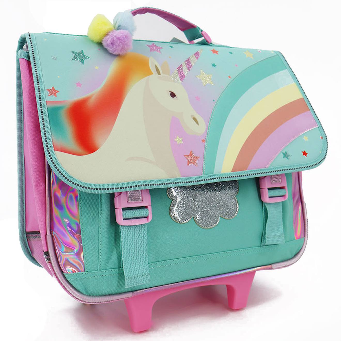 Trolley Scolaire Fille Motif Licorne Base Plastique Bleu / Rose / Clair / Gris