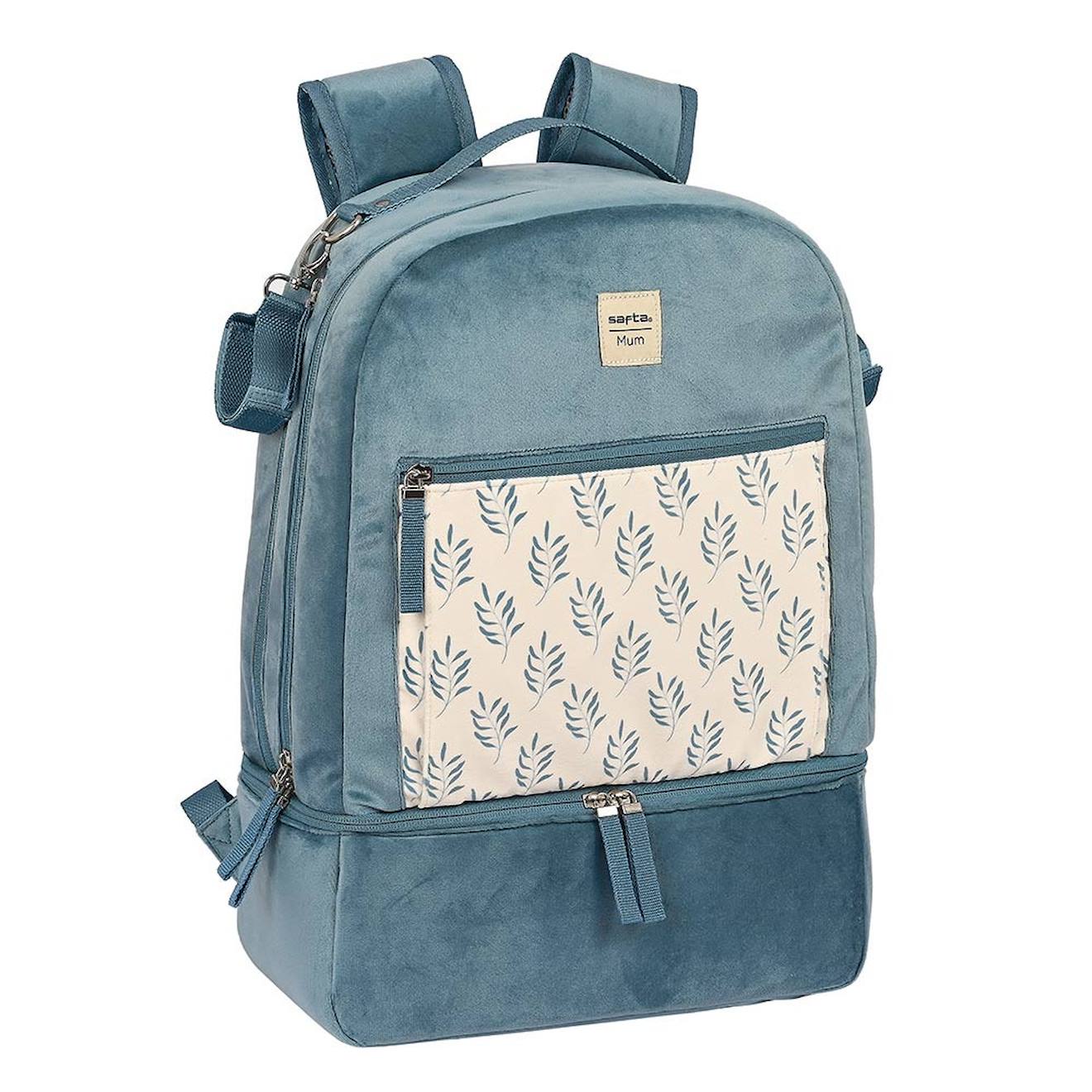 Sac À Dos À Langer Velours Feuilles 43 Cm Bleu / Ecru