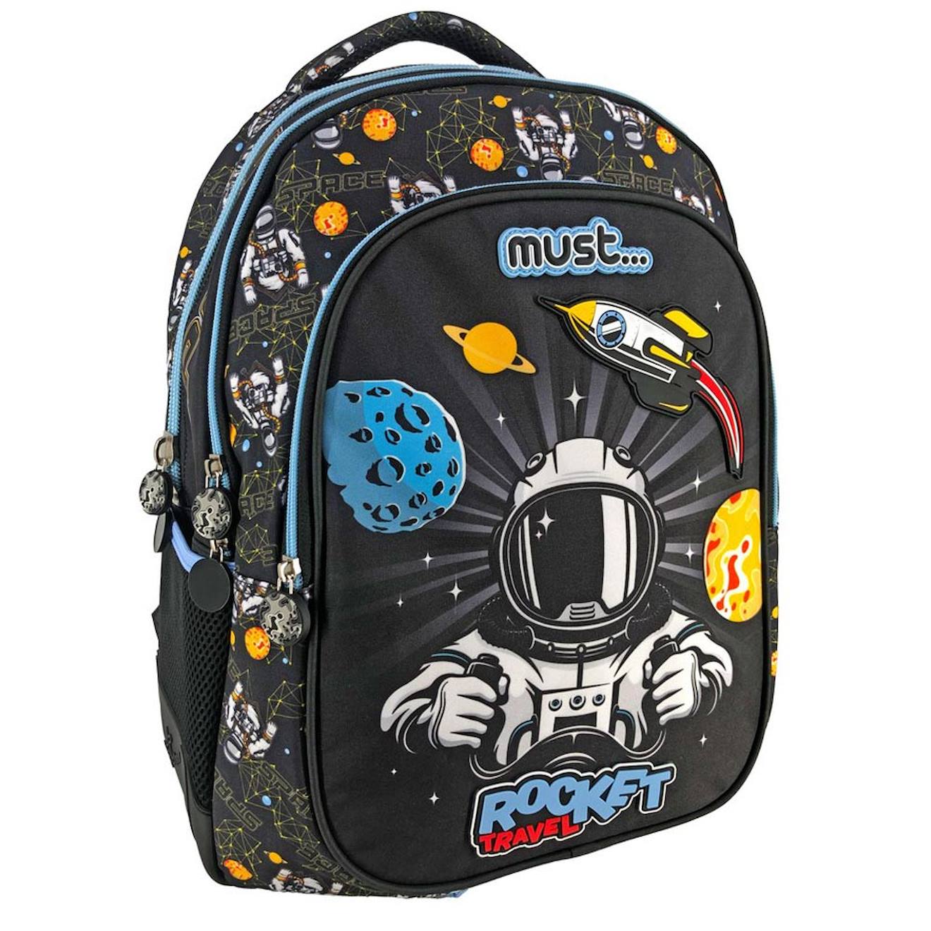 Sac À Dos Scolaire Garçon 2 Compartiments Astronaute Rocket Travel 43 Cm Noir / Bleu / Blanc