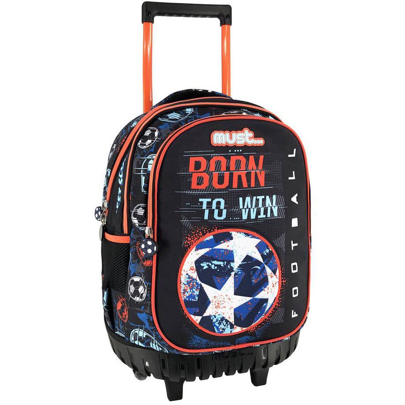 Sac À Dos Trolley Garçon Football Born To Win Avec Base Plastique Moulée 45 Cm Noir / Orange / Bleu