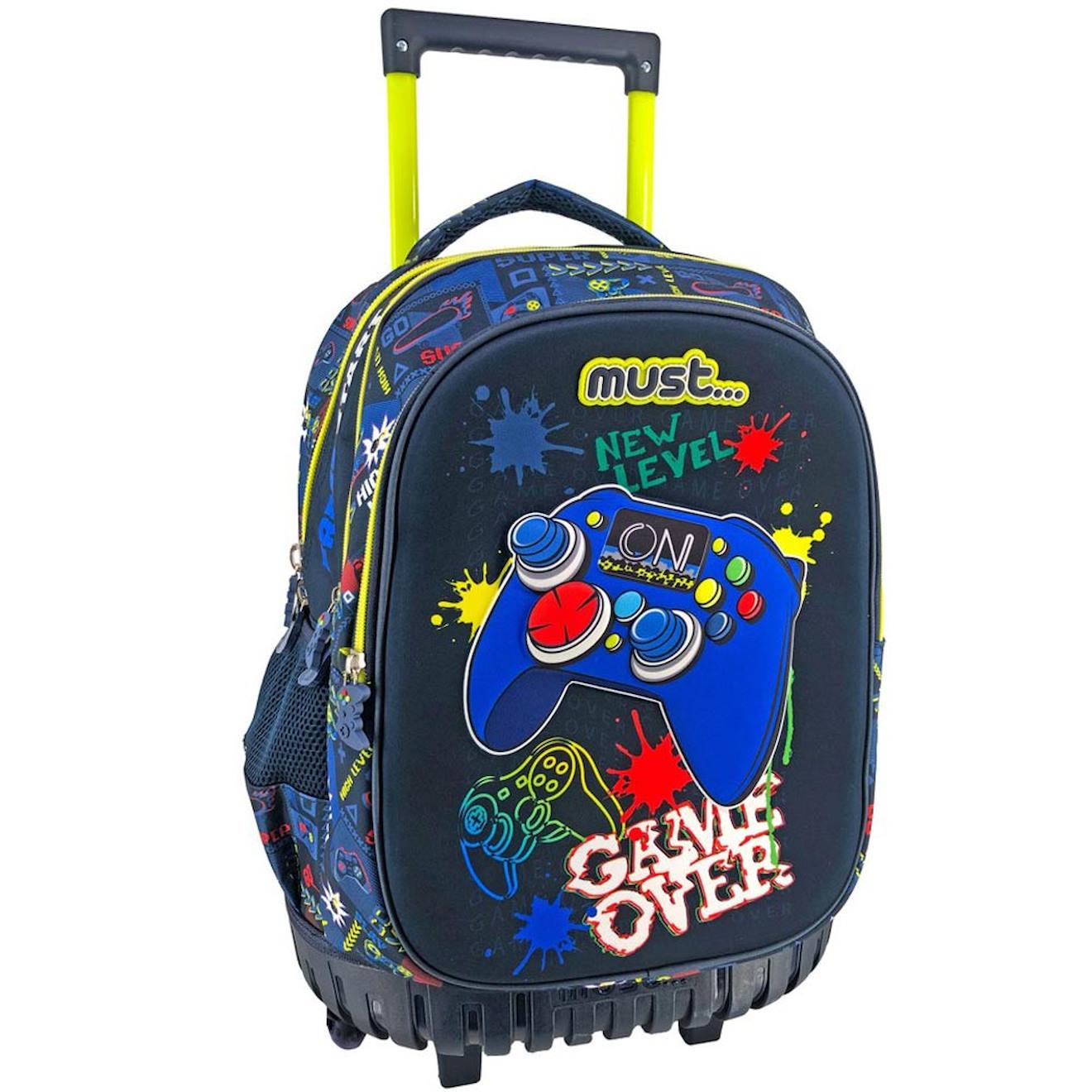Sac À Dos Garçon Avec Roulettes 3 Compartiments Game Over 45 Cm Bleu / Jaune / Noir