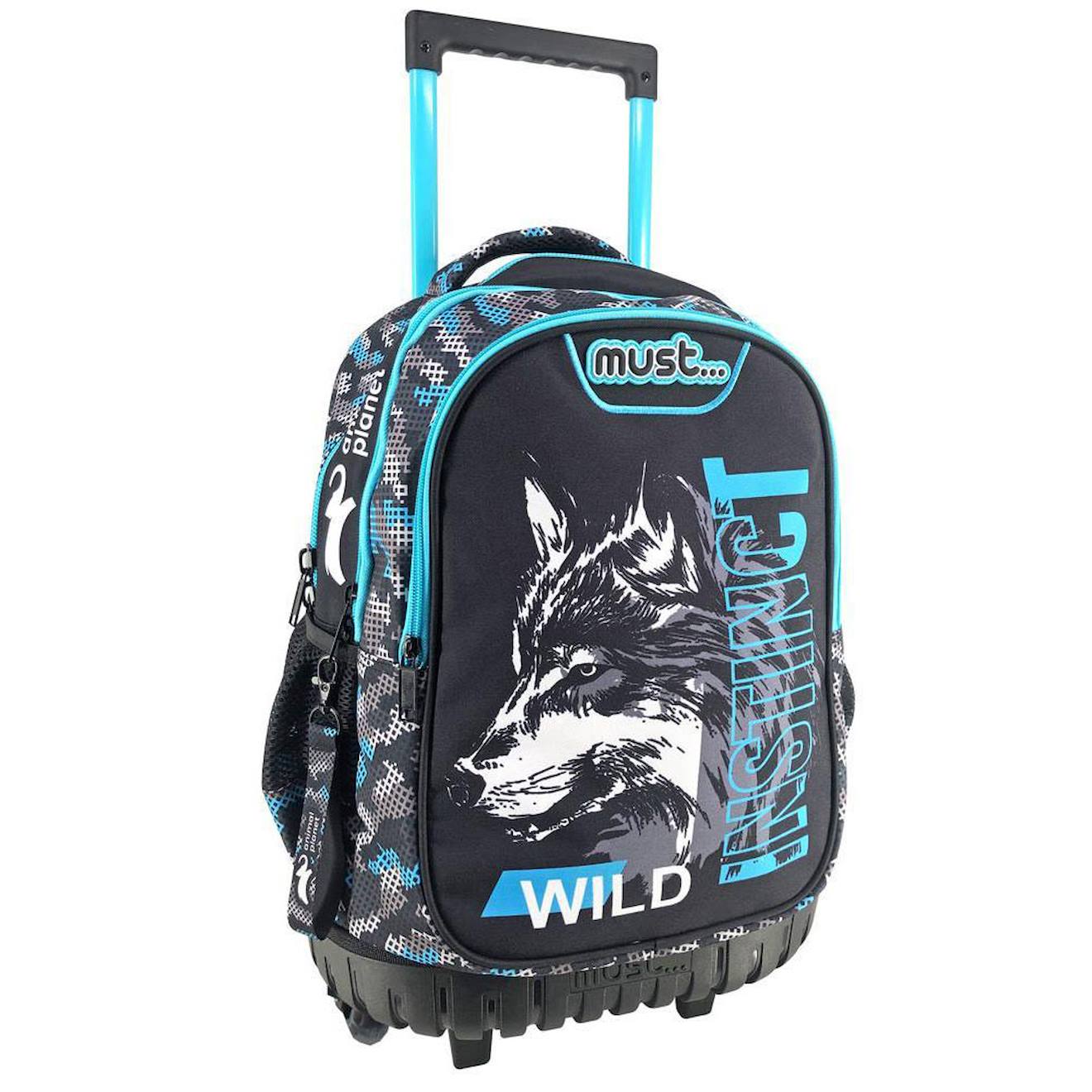 Trolley Scolaire Garçon Base Plastique Moulée Loup Animal Planet 45 Cm Noir / Bleu / Blanc