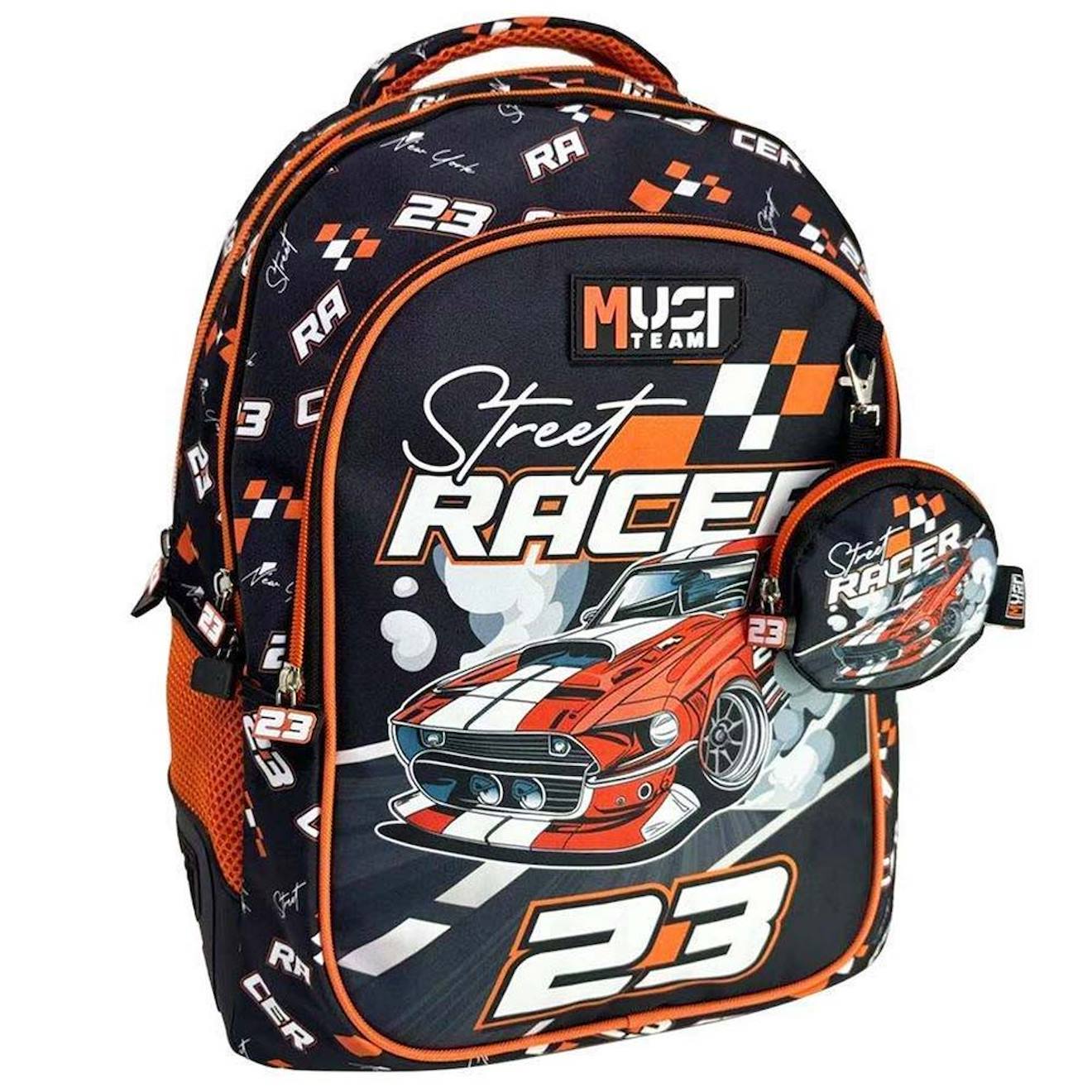 Sac À Dos Scolaire Garçon 2 Compartiments Voiture De Course Street Racer 43 Cm Noir / Orange / Blanc