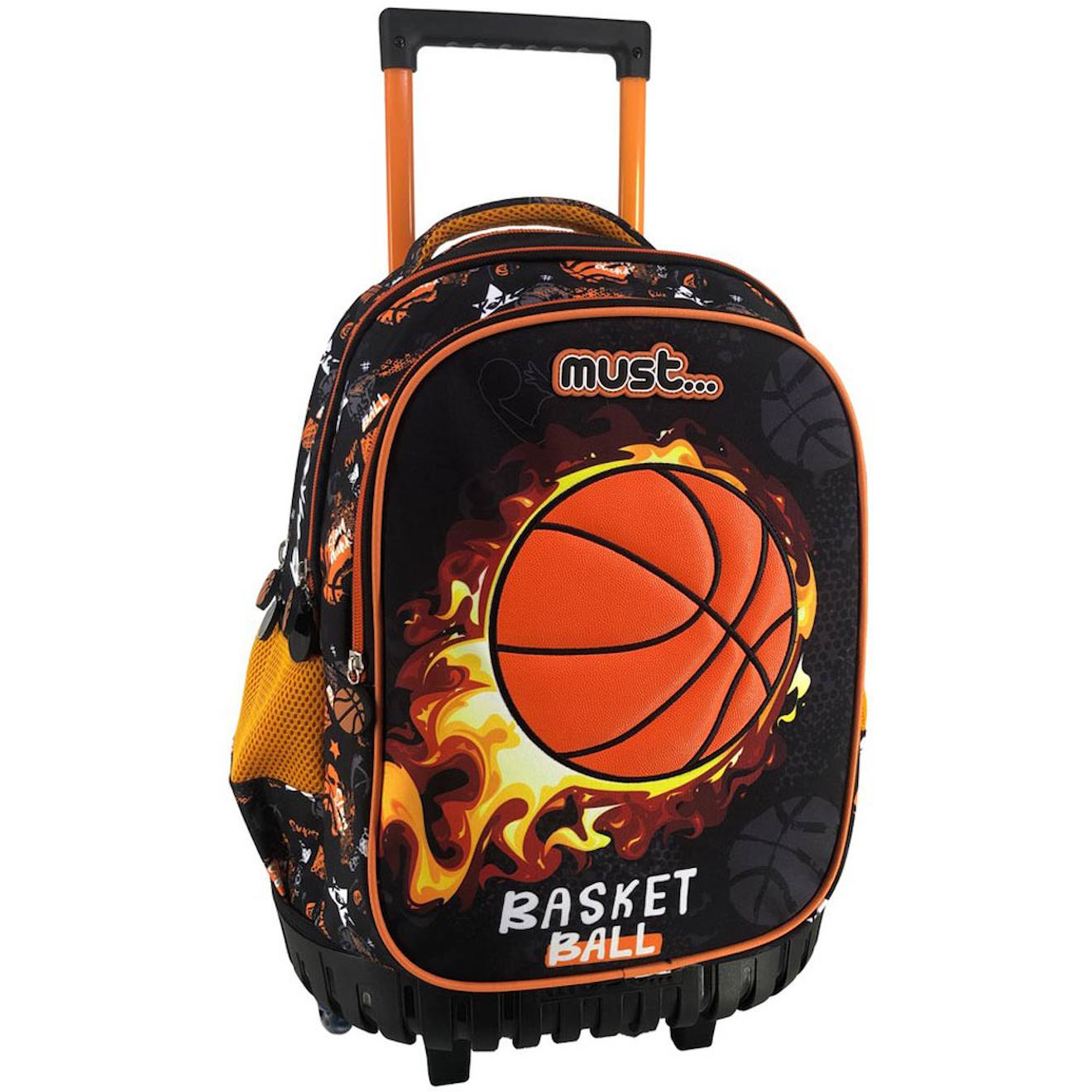 Sac À Roulettes Scolaire Garçon Basketball Fire 45 Cm - Trolley 3 Compartiments Noir / Orange