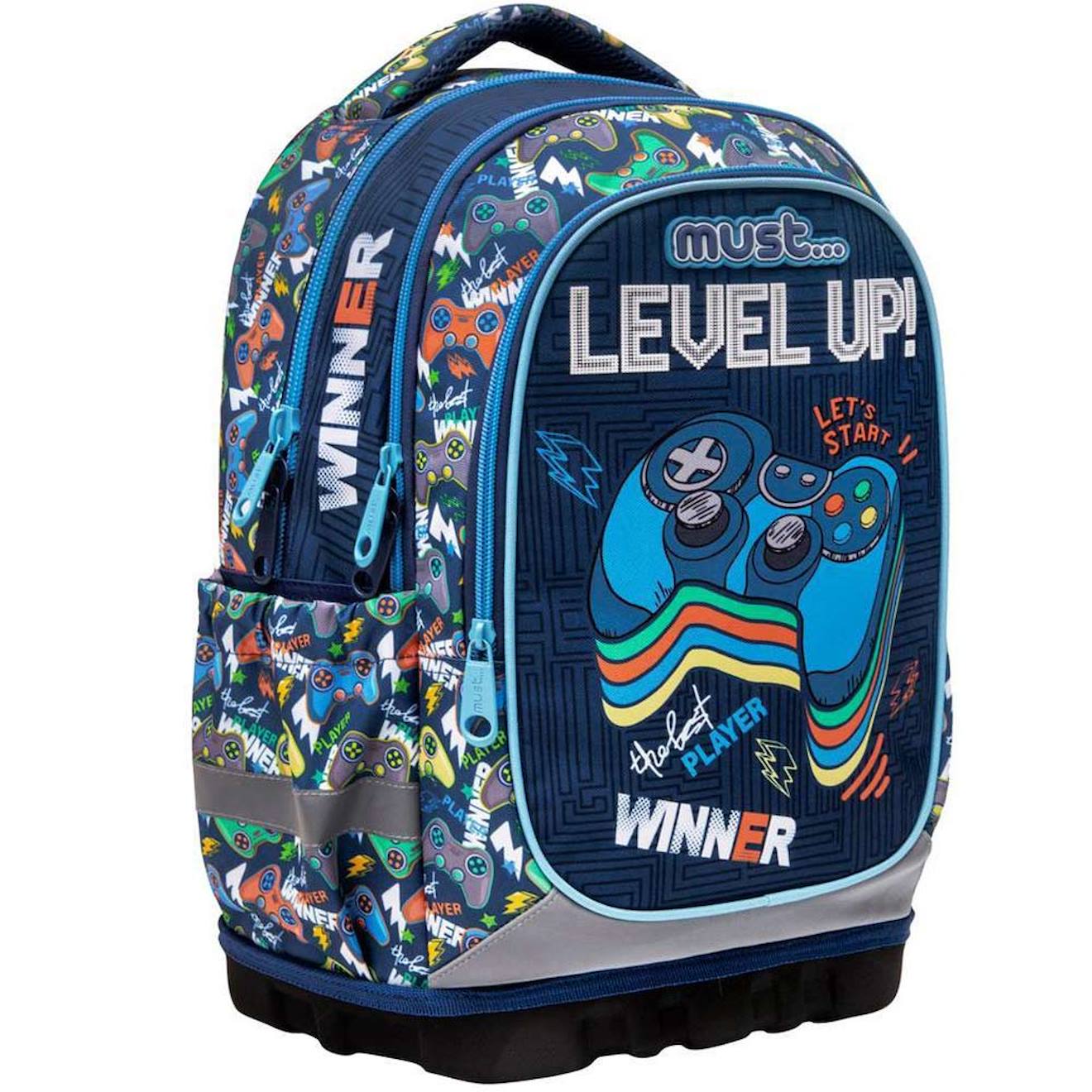 Sac À Dos Garçon Gamer Winner Level Up Avec Base Rigide 43cm Bleu / Orange / Blanc