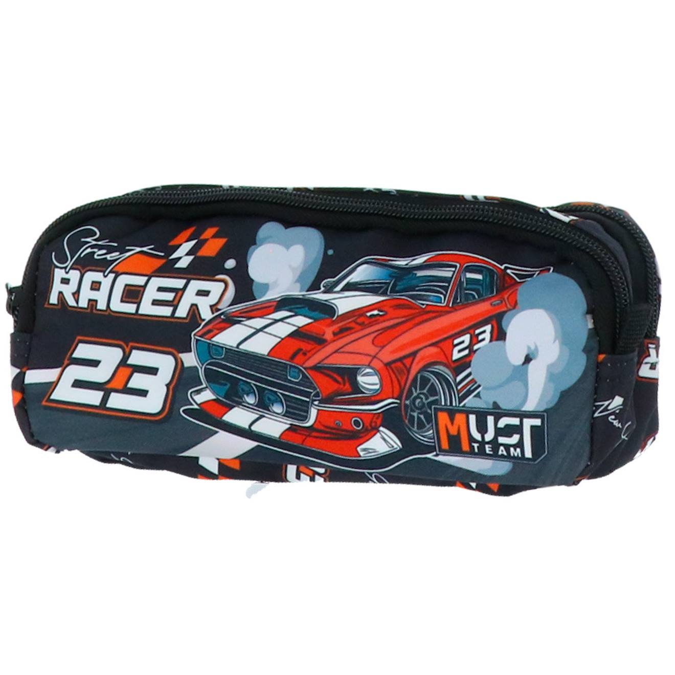Trousse Garçon Double Compartiment Textile Imprimée Voiture De Course Bleu Marine