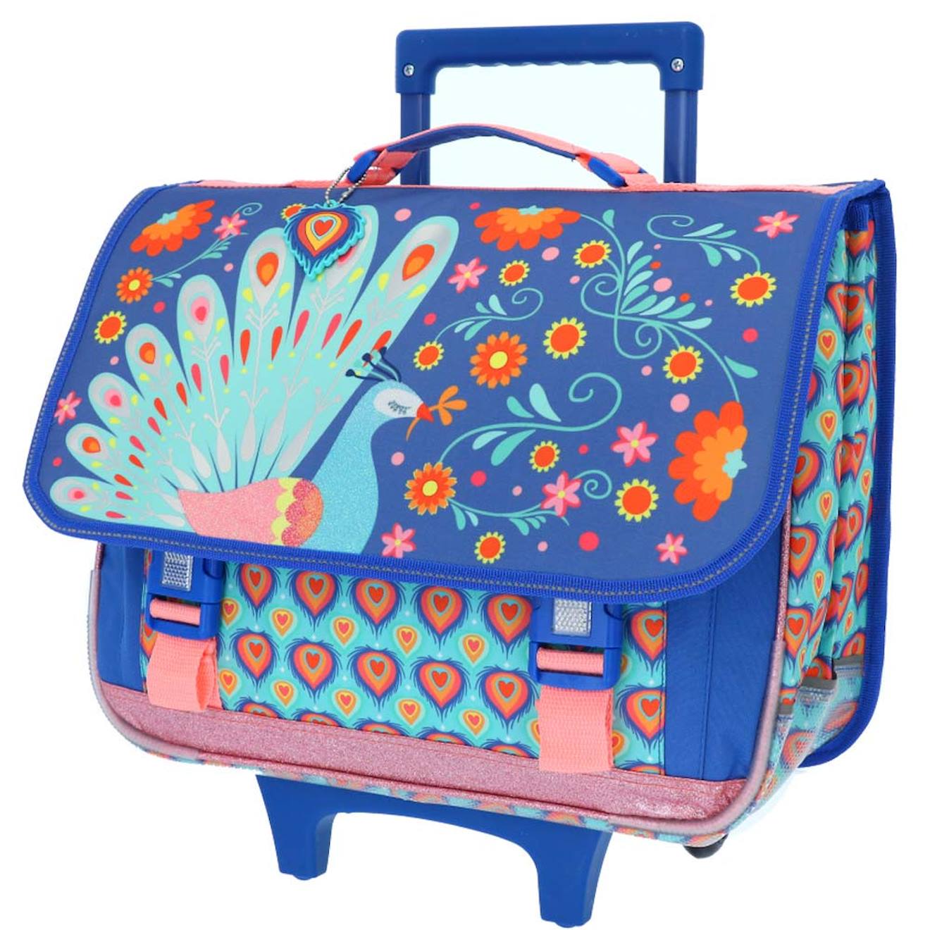 Cartable Trolley Scolaire Fille Motif Paon Avec 2 Compartiments 41 Cm Bleu