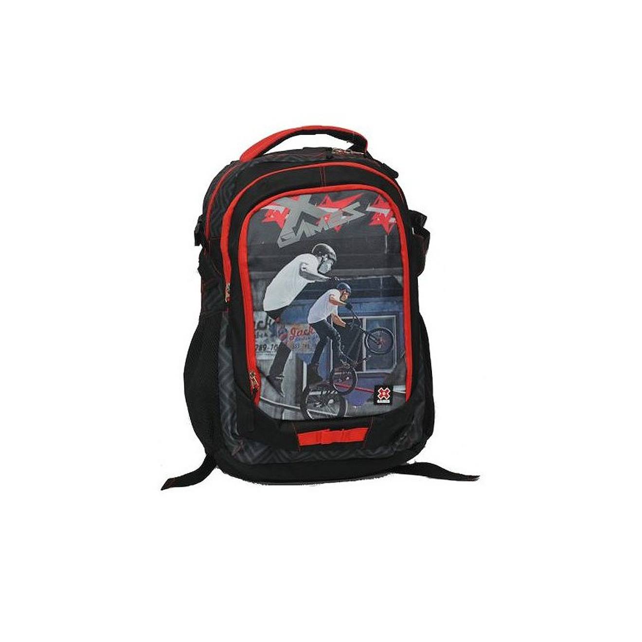 Sac À Dos Garçon Écolier X-games 48 Cm – Poches Zippées Et Poches Latérales Noir / Rouge / Blanc