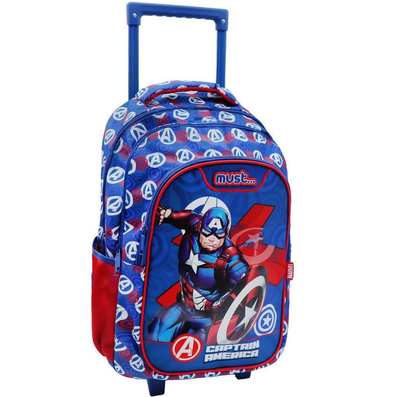 Sac À Dos À Roulettes Garçon Captain America Avengers 3 Compartiments 45 Cm Bleu / Rouge / Blanc