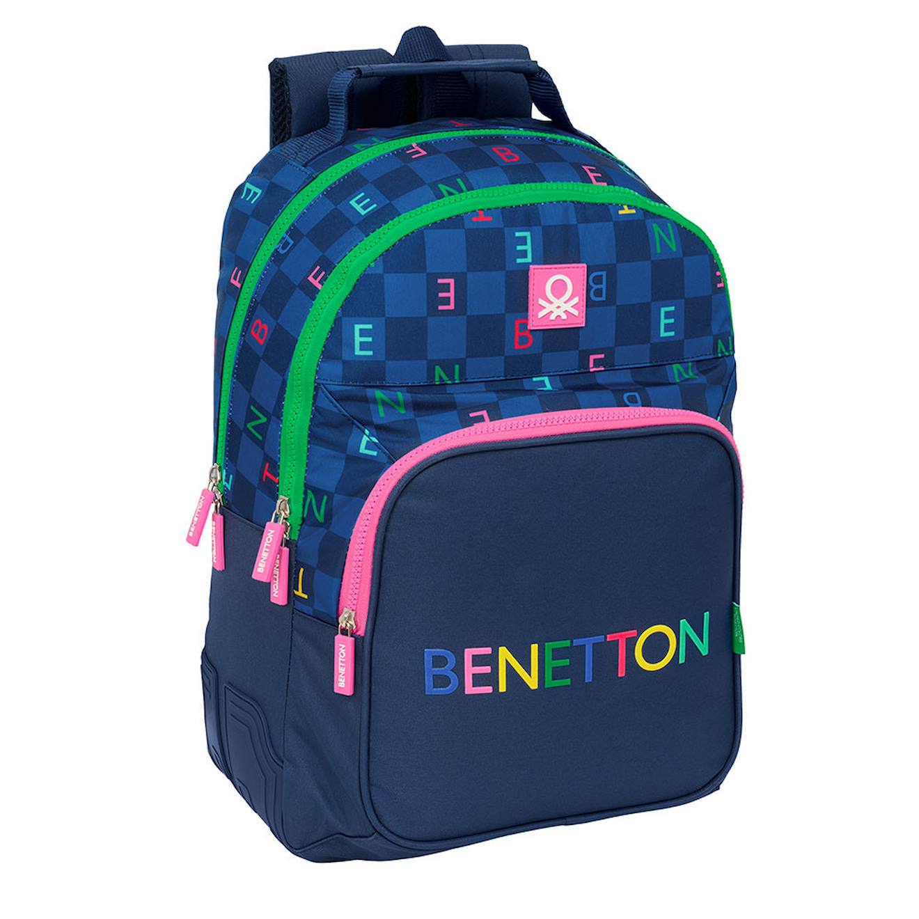 Sac À Dos Scolaire Benetton Damero 42 Cm – 2 Compartiments Zippés Benetton Bleu / Jaune / Bleu