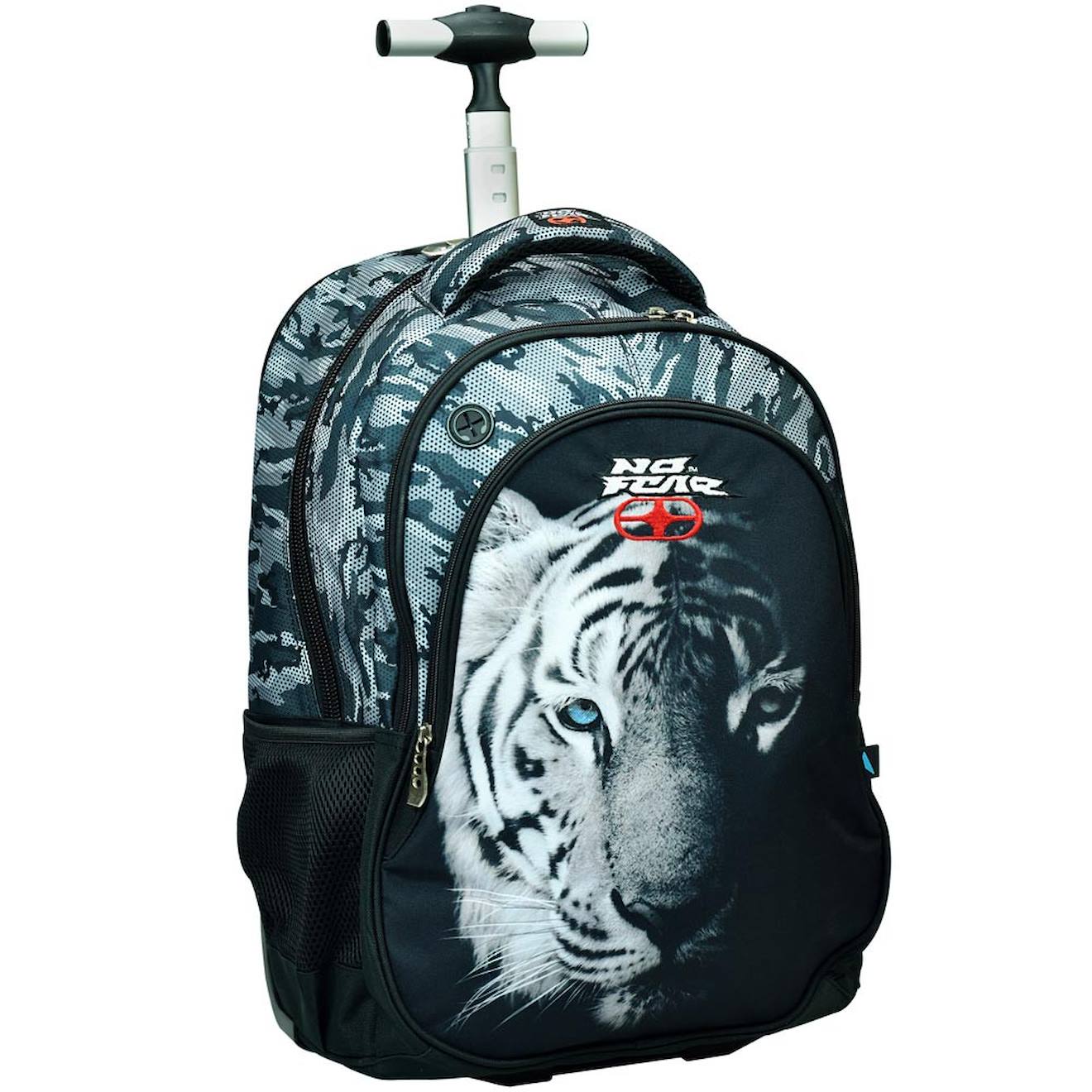 Sac À Dos Garçon Avec Roulettes No Fear Tigre 48 Cm - Trolley Scolaire 2 Compartiments Noir / Blanc / Gris