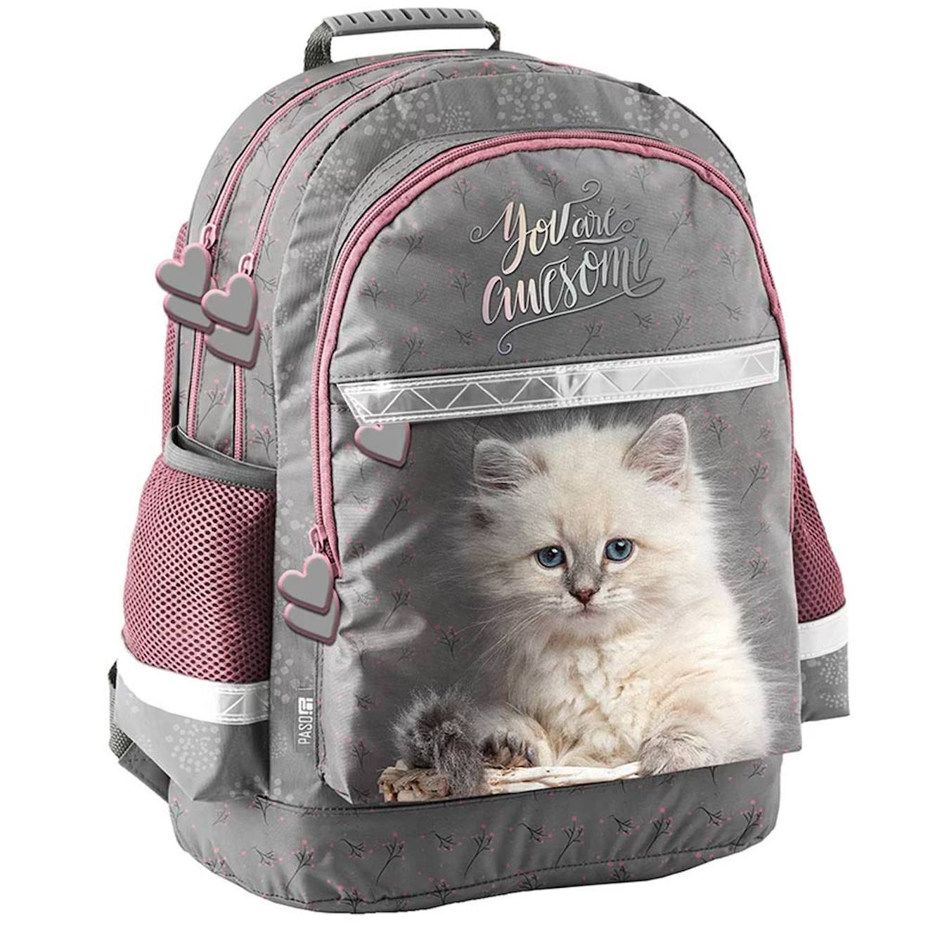 Sac À Dos Scolaire Fille Chaton you Are Awesome Avec 2 Compartiments 41 Cm Blanc / Rose / Gris