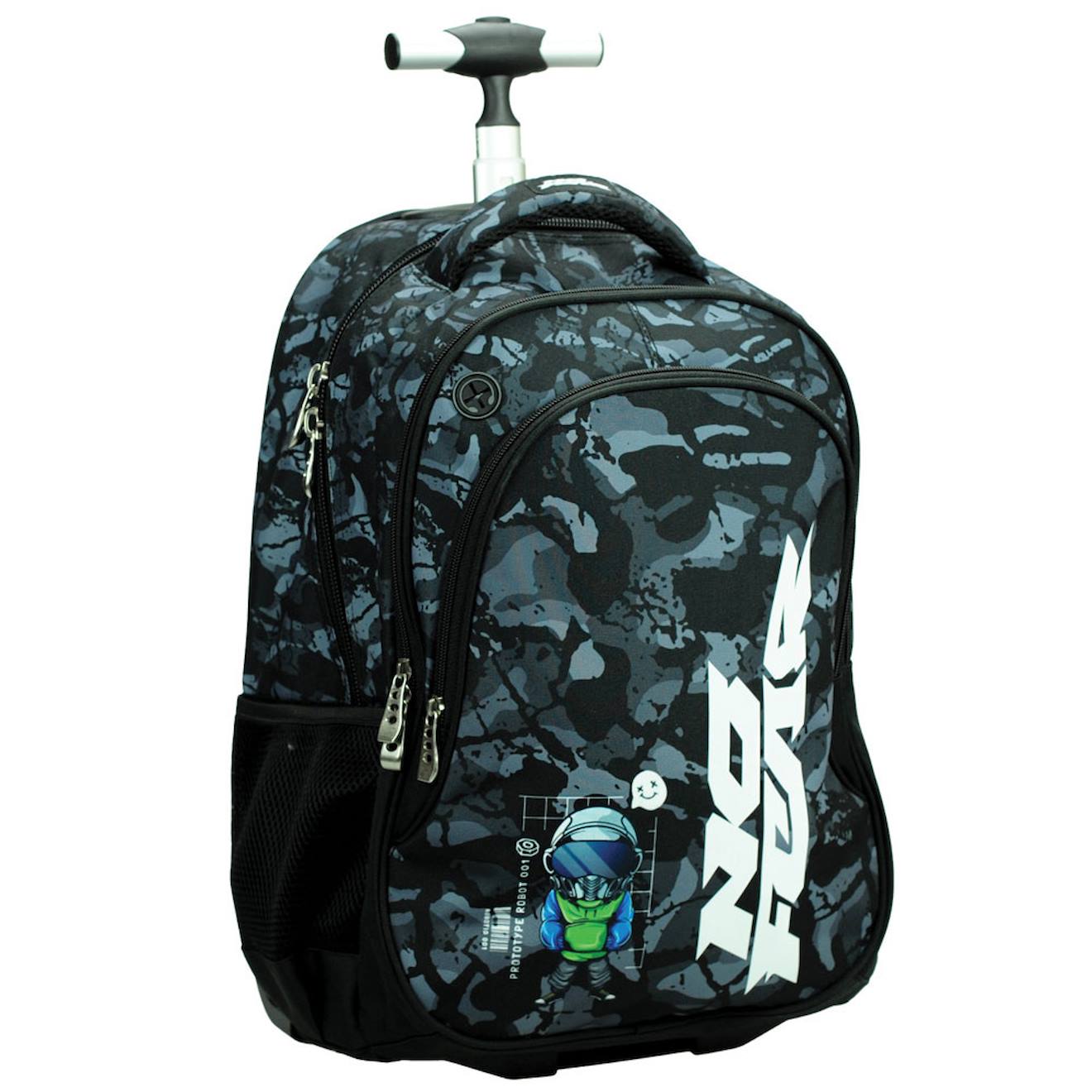 Sac À Dos À Roulettes Garçon No Fear Robot 48 Cm - Trolley Scolaire Noir / Blanc / Gris