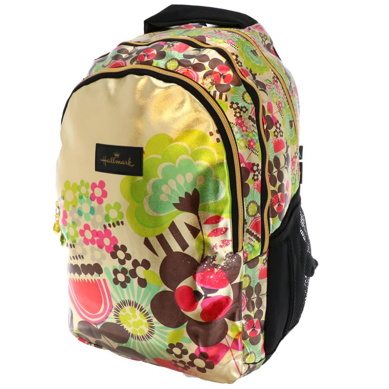 Sac À Dos Scolaire Fille En Tissu Métallisé Motif Floral Hallmark Blanc / Doré / Bleu
