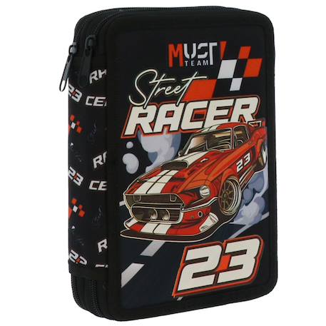 Garçon-Accessoires-Cartable, trousse-Trousse garçon double compartiment rembourrée imprimé street racer must