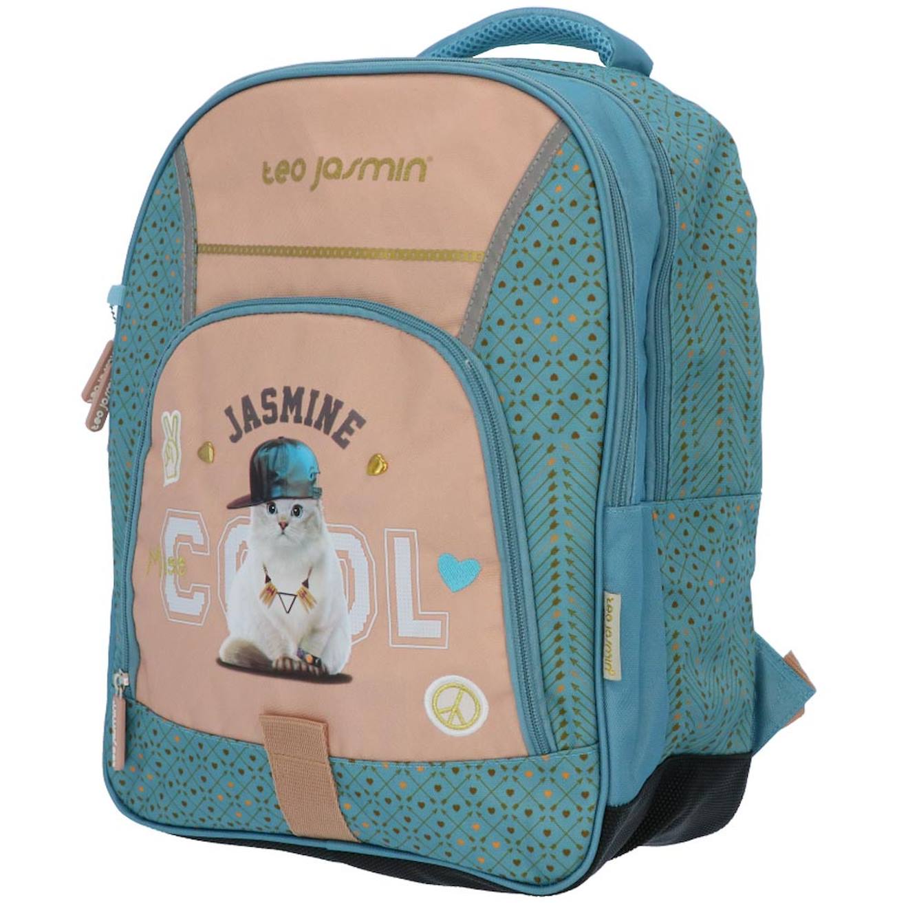 Sac À Dos Enfant Teo Jasmin Jasmine Cat 42 Cm À 2 Compartiments Zippés Turquoise/gris/blanc