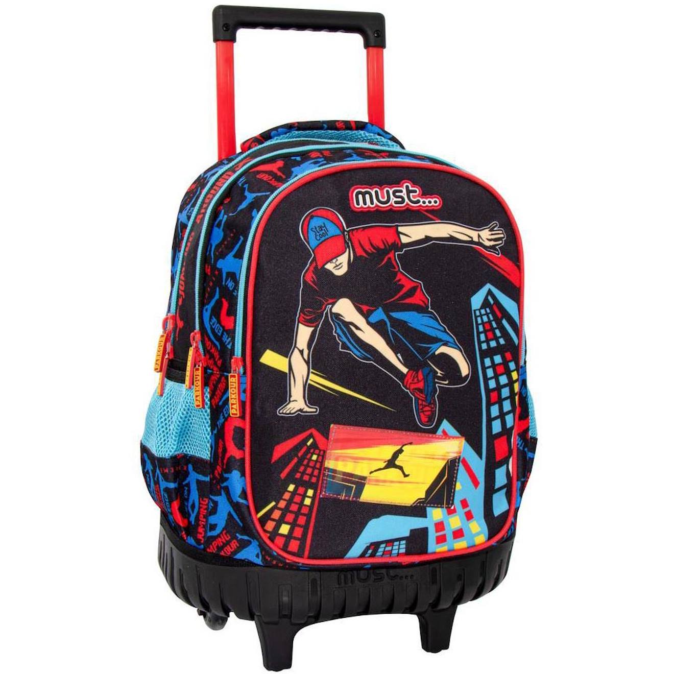 Sac À Dos Trolley Garçon 3 Compartiments Sport Extrême Parkour 45 Cm Noir / Rouge / Bleu