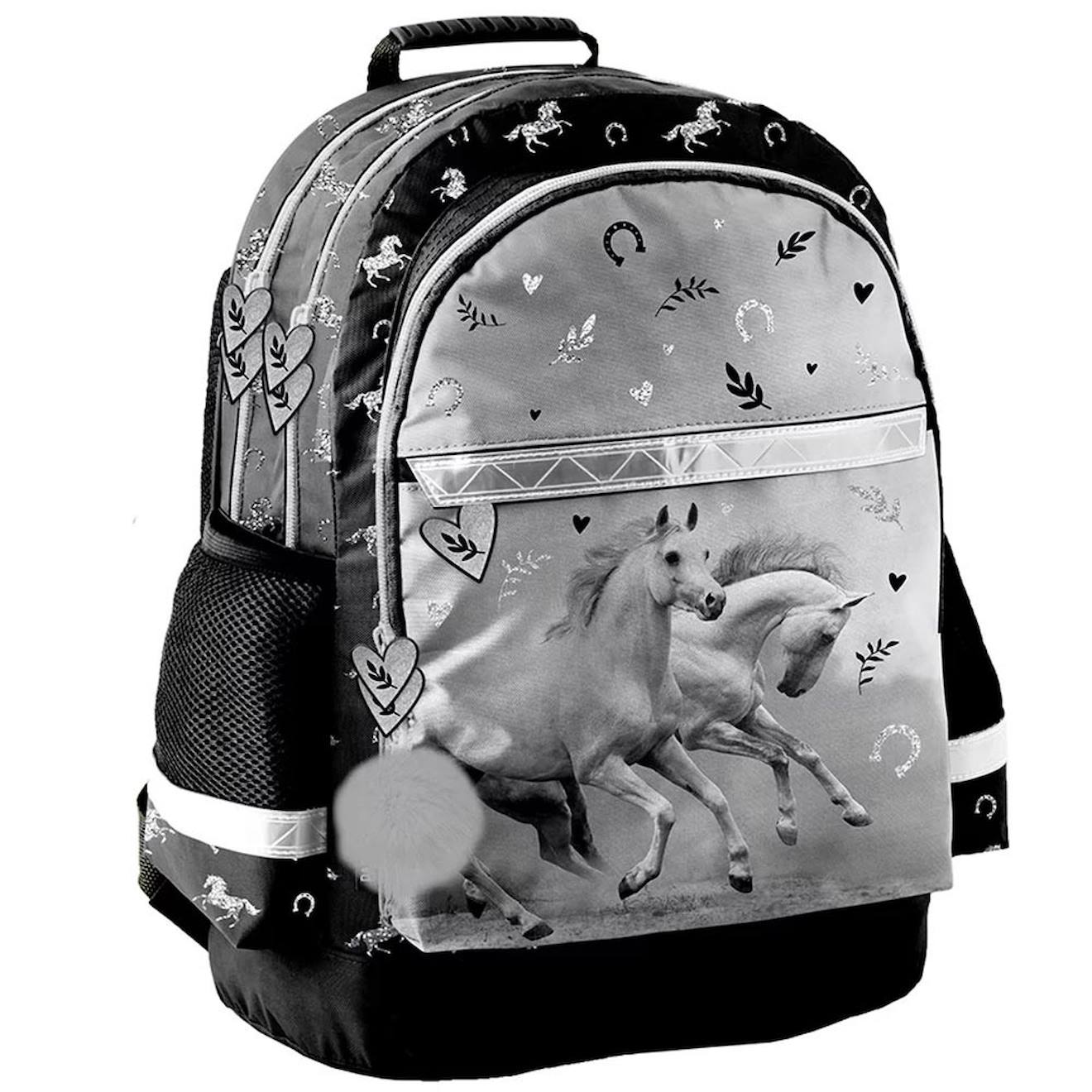 Sac À Dos Scolaire Fille Chevaux Photo Et Avec 2 Compartiments 41 Cm Noir / Blanc / Gris