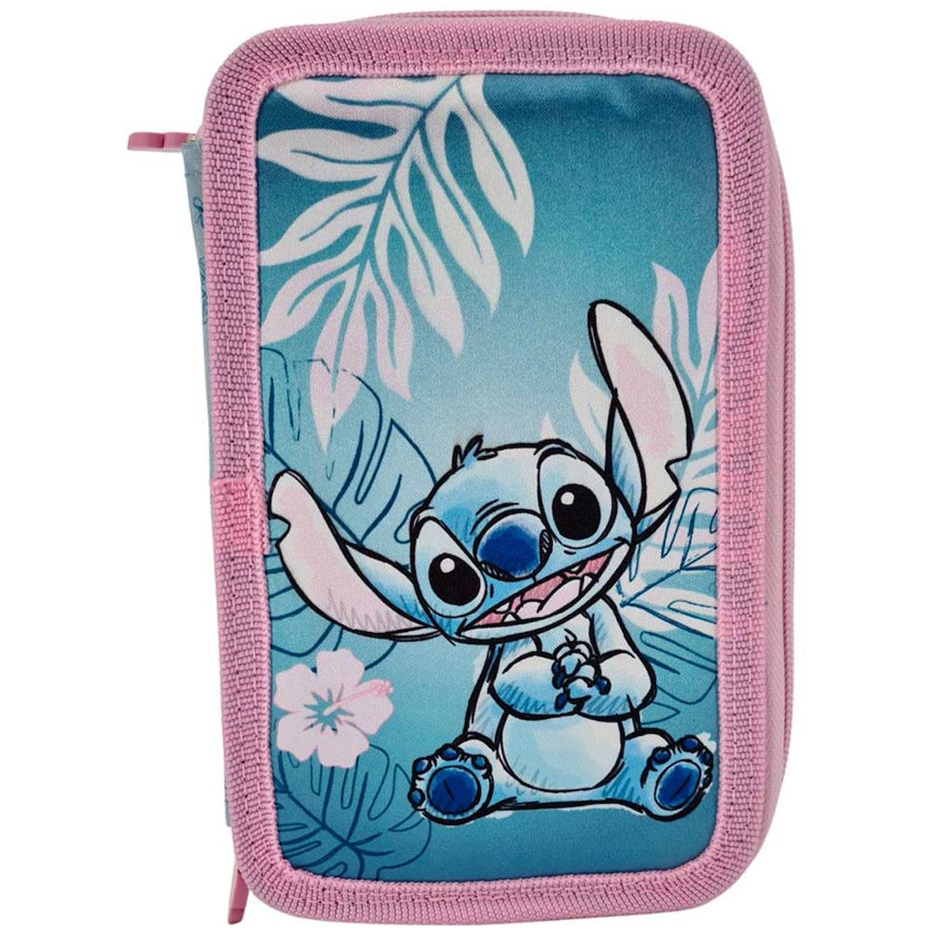 Trousse Fille Garnie Zippée 3 Compartiments Imprimé Stitch Hawai Disney 20 Cm Bleu / Rose
