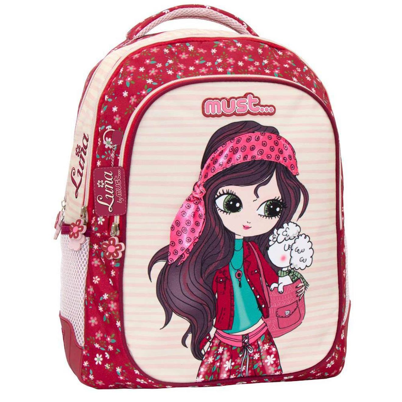Sac À Dos Scolaire Fille Luna Imprimé Textile Haut De Gamme 43 Cm Ecru/rouge