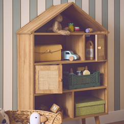 Chambre et rangement-Rangement-Bibliothèque, étagère-Etagère bibliothèque décor bois, 7 compartiments et 2 portes en cannage