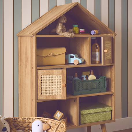 sweeek - Etagère Bibliothèque Décor Bois, 7 Compartiments Et 2 Portes En Cannage Naturel