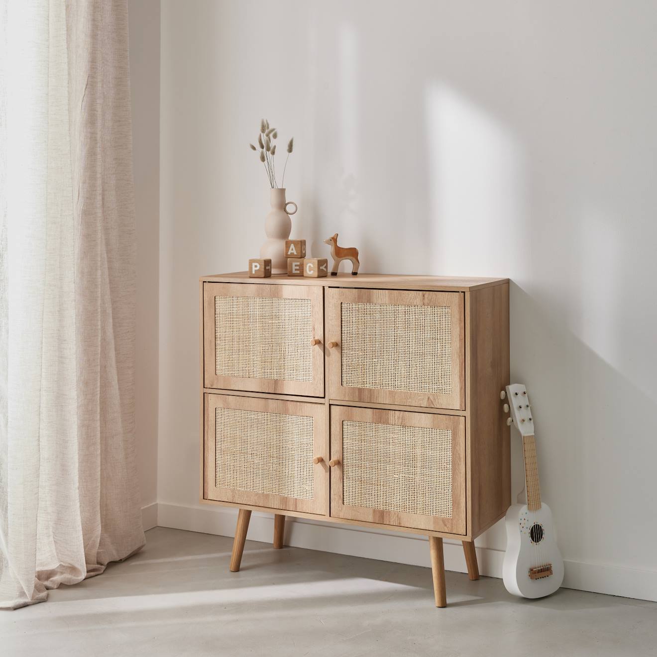 Commode Enfant Décor Bois 4 Portes En Cannage Naturel