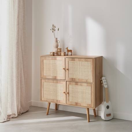 sweeek - Commode Enfant Décor Bois 4 Portes En Cannage Naturel