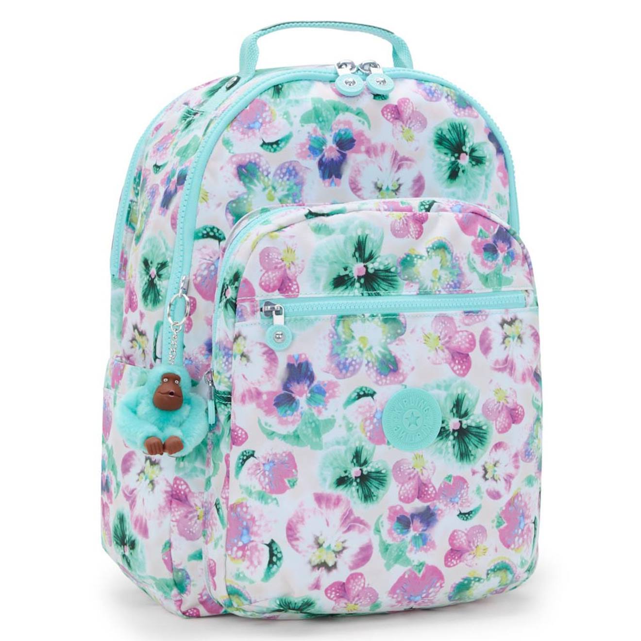 Sac À Dos Scolaire Fille Kipling Seoul En Tissu Synthétique Imprimé Floral Vert/rose