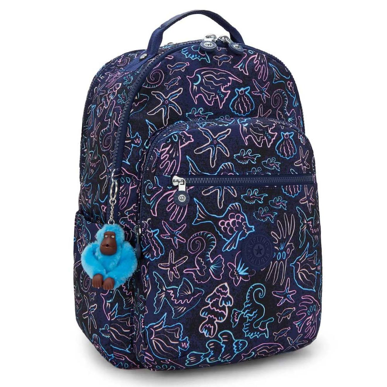 Sac À Dos Fille Kipling Seoul College Extra Disco Fish 44 Cm - Poche Pour Ordinateur Bleu / Rose