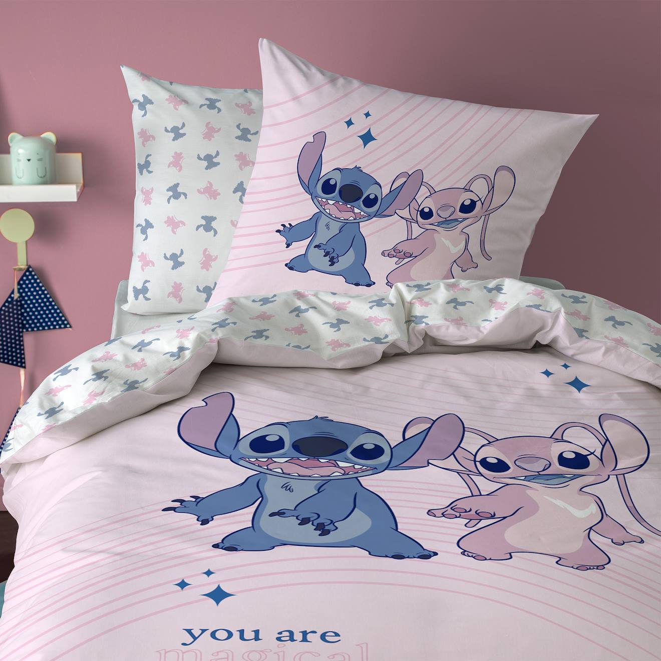 Parure De Lit Imprimée Réversible 100% Coton, Disney Home Stitch Amour Rose