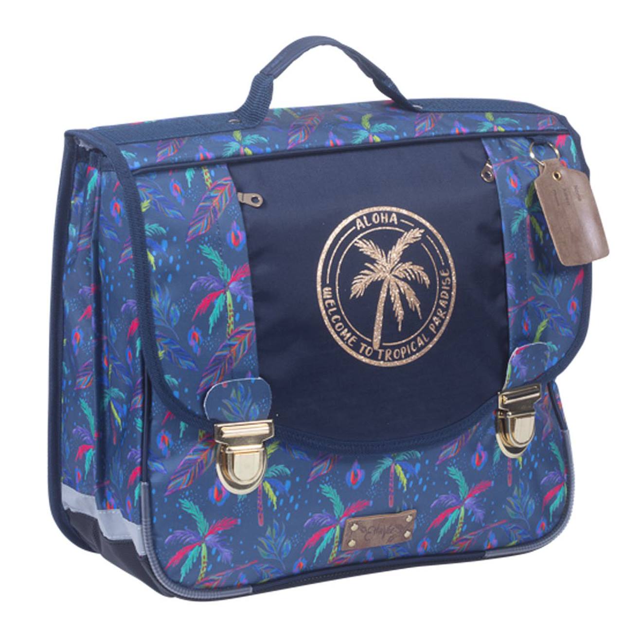 Cartable Fille Polyester Imprimé Palmier Bleu Marine/gris Froid