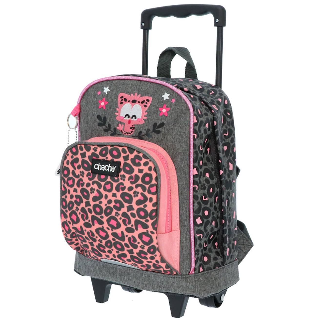 Sac À Dos À Roulettes Fille Motif Léopard Gris / Rose / Foncé / Noir