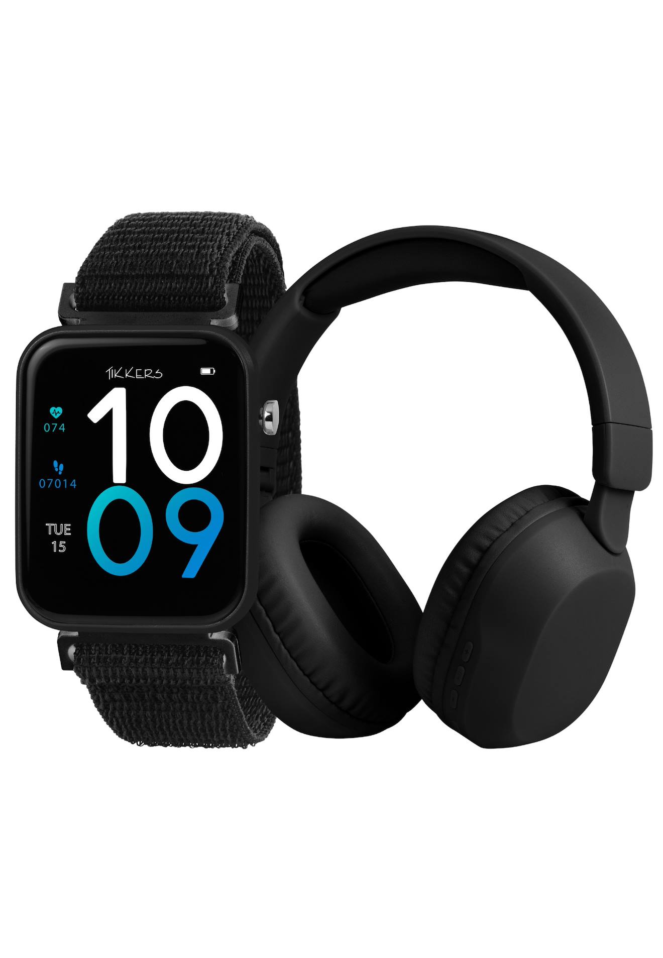 Ensemble Montre Connectée Et Casque Audio Tikkers Smart Series 13 (bracelet En Tissu À Libération Facile) Noir