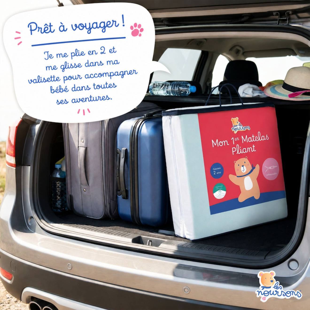 Matelas Pliant Bébé De Voyage - Déhoussable Blanc (Les Noursons) - Image 1