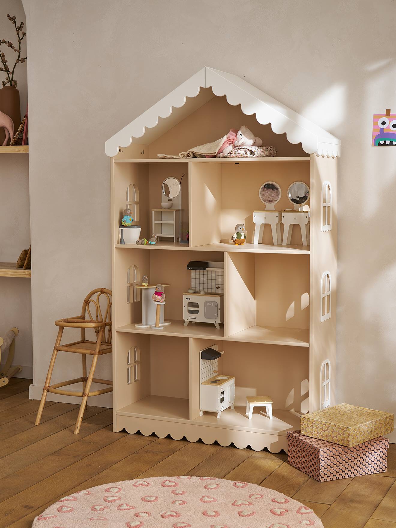 Bibliothèque enfant feston bois maison rose (Vertbaudet) - Image 1