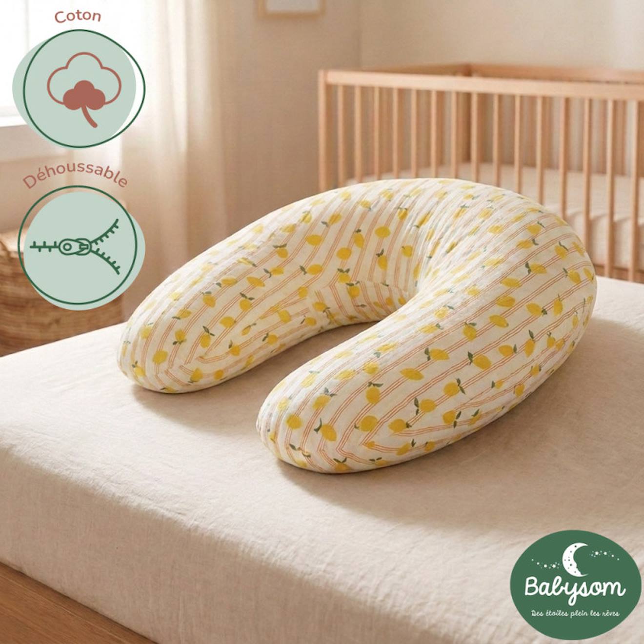Pack Coussin De Maternité Xxl - 2 Housses (citron & Velours) + Charlotte - Grossesse Et Allaitement Jaune (babysom) - Image 2