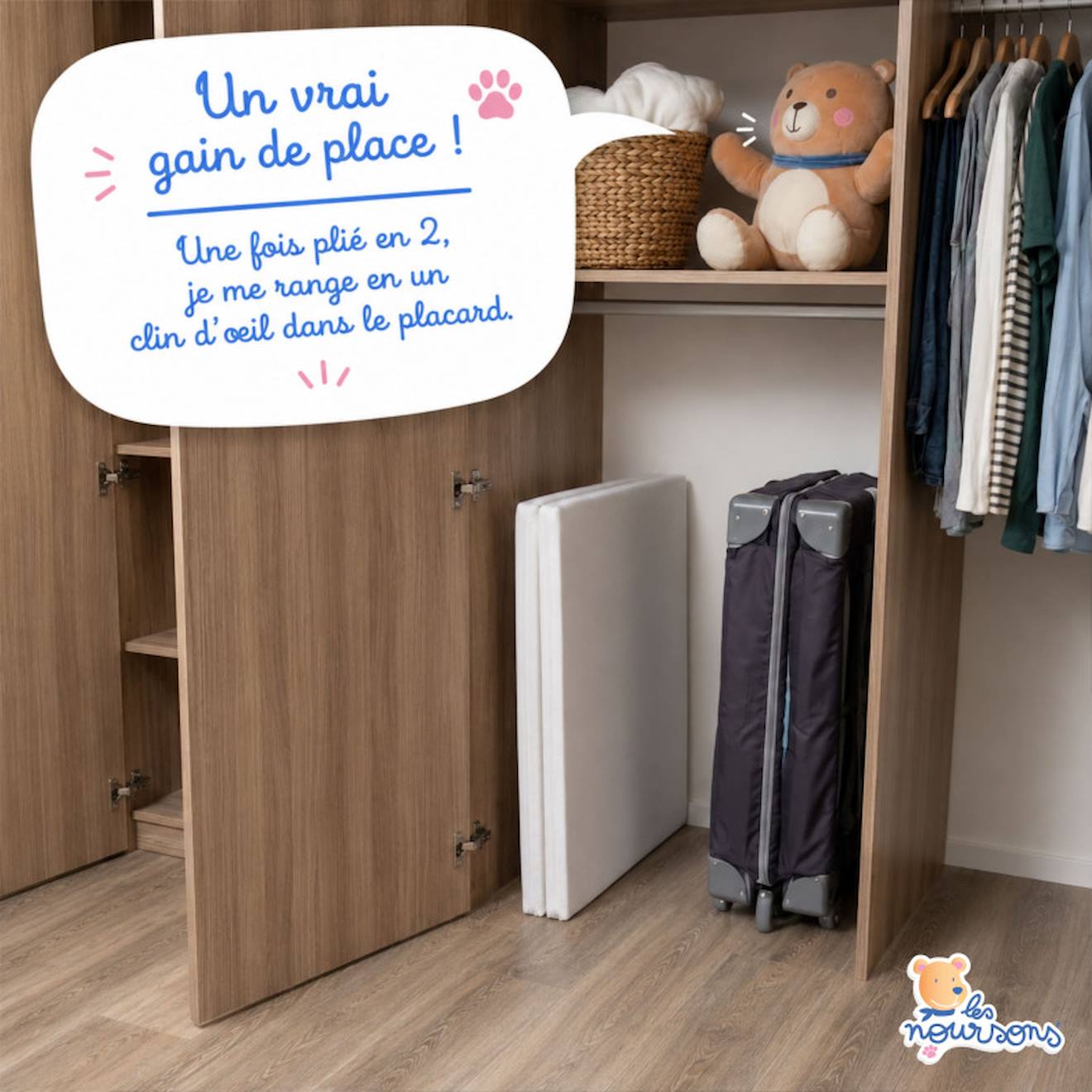 Matelas Pliant Bébé De Voyage - Déhoussable Blanc (Les Noursons) - Image 2
