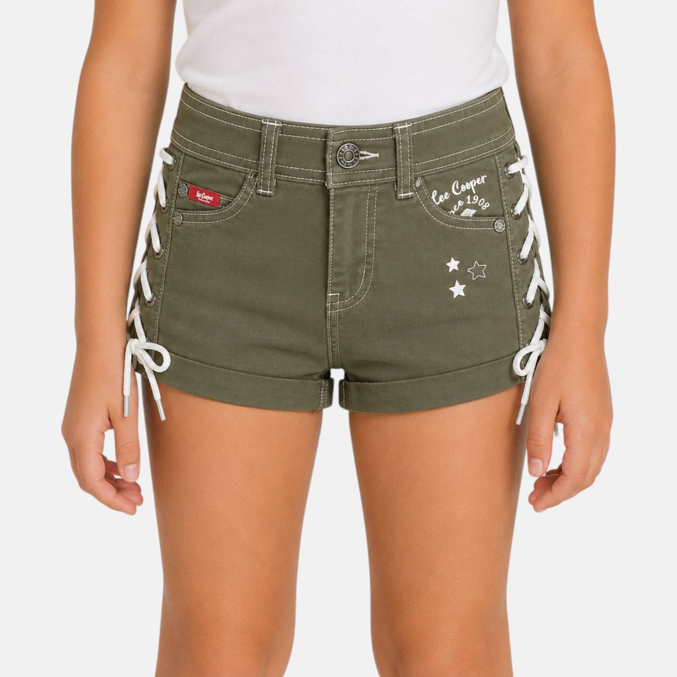 Short En Jeans Fille Avec Decor Tressé Kaki