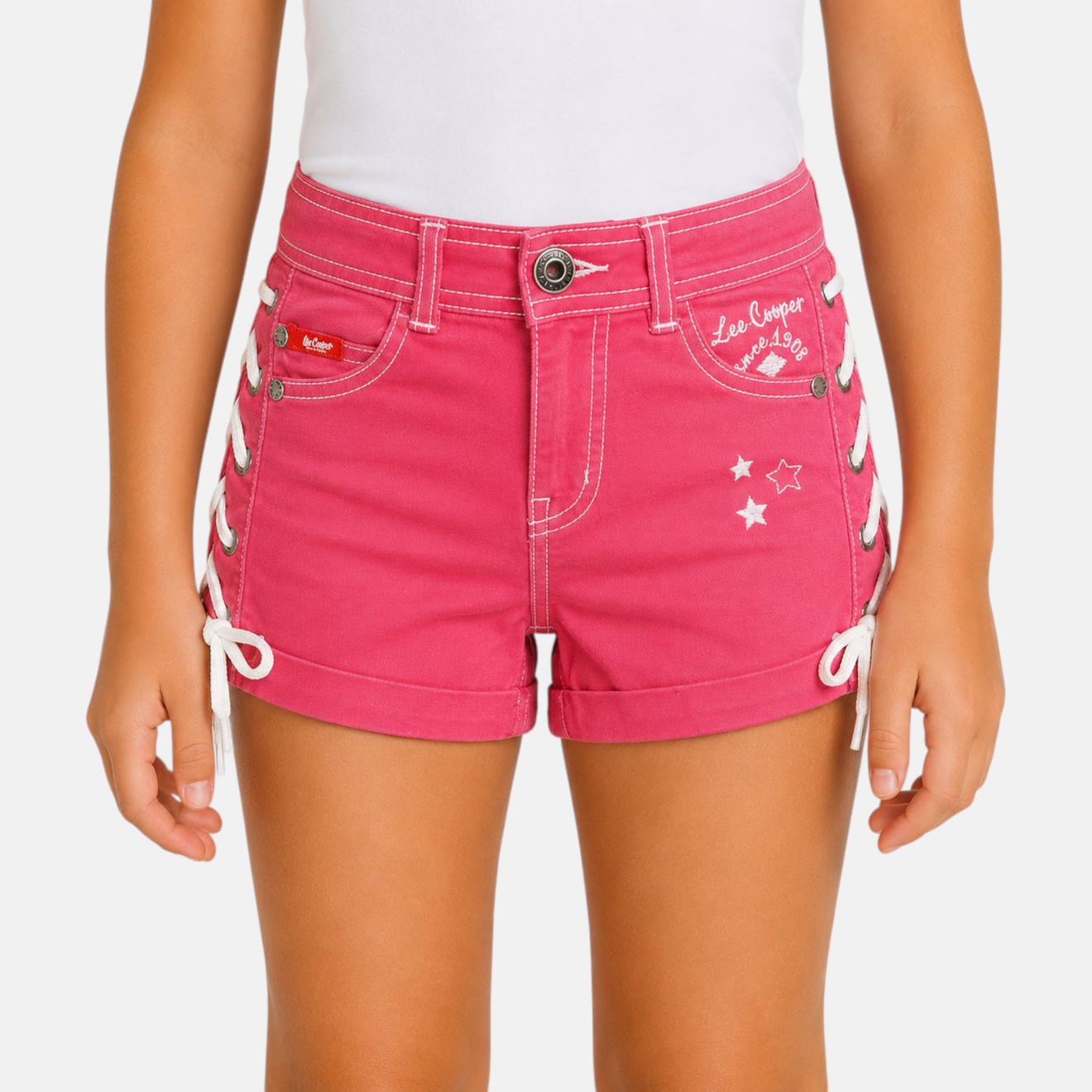 Short En Jeans Fille Avec Decor Tressé Rose
